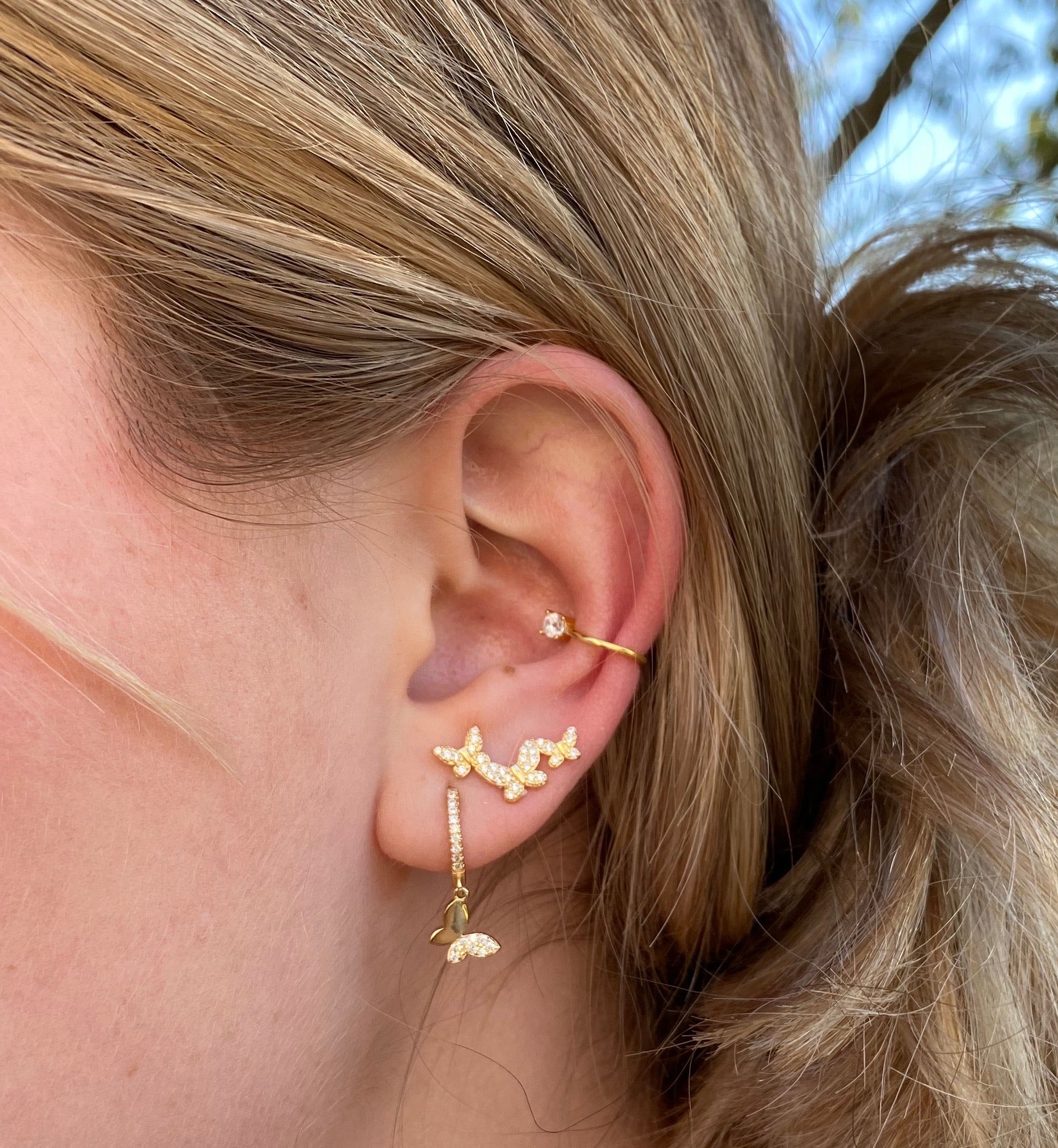 TRIPLE BUTTERFLY Gold studs earrings