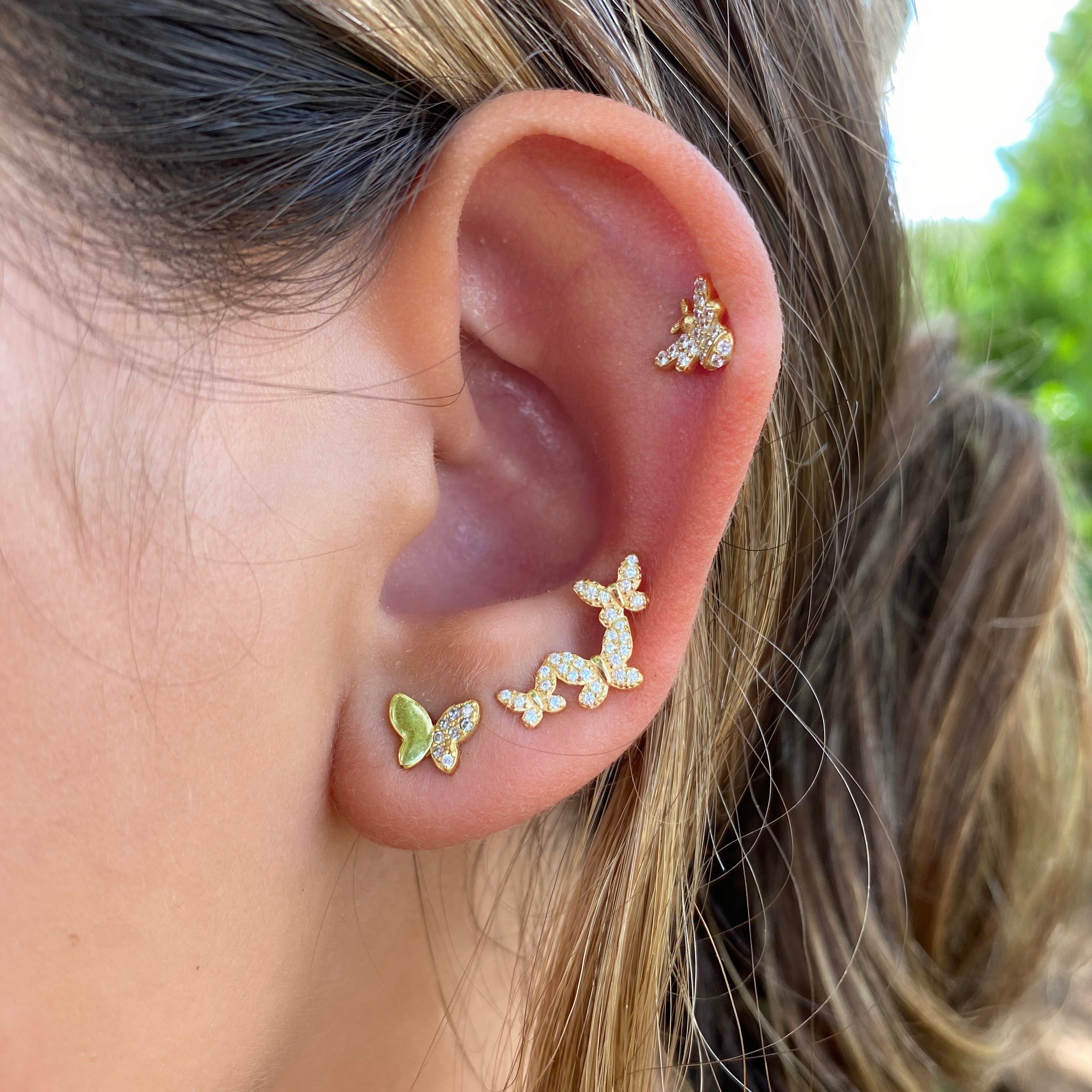 TRIPLE BUTTERFLY Gold studs earrings
